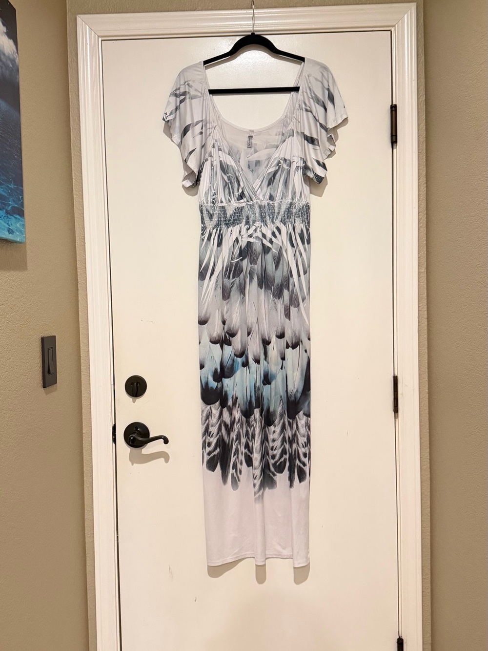 Mi Manchi Feather-Print White Maxi Dress with Blue Accents